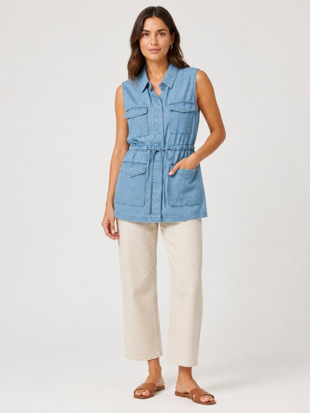 Faded Glory L 12-14 Blue Chambray Utility Cargo Vest Drawstring Cotton